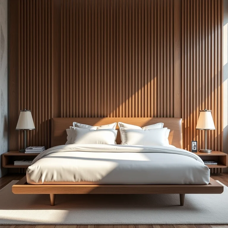 Cama suspensa com painel ripado de madeira.