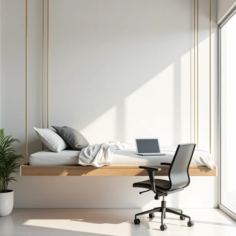 Cama suspensa sobre área de trabalho em studio.