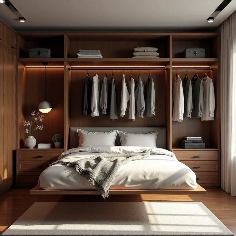 Cama suspensa sobre closet otimizado.