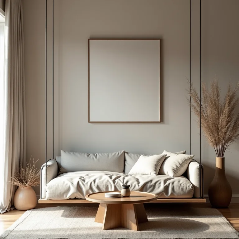 Cama suspensa sobre sala de estar compacta.