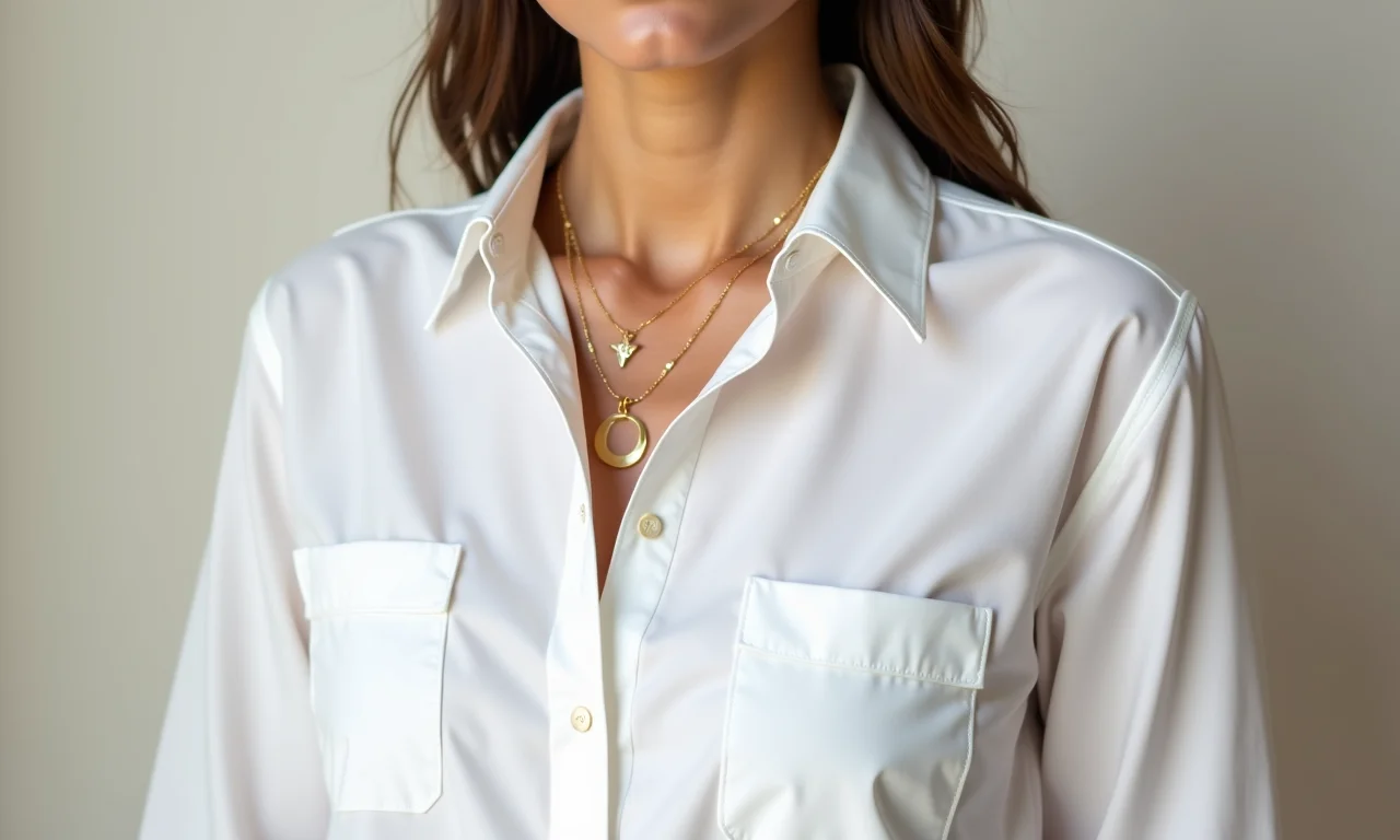 Camisa branca de algodão, levemente oversized, com joias douradas.