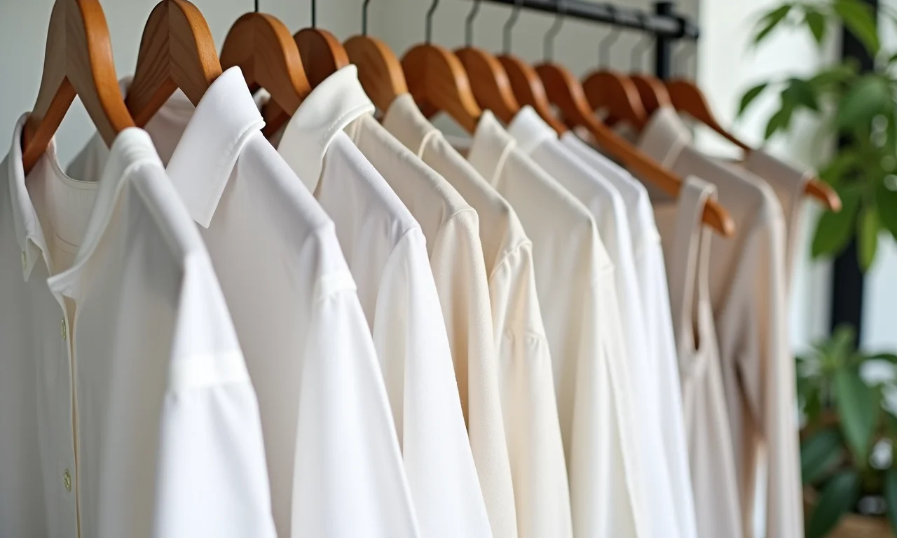 Camisas e vestidos de linho pendurados em cabides de madeira.