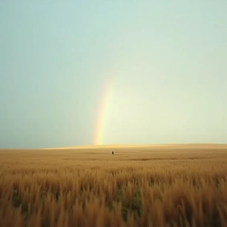 Campo aberto com um arco-íris distante.