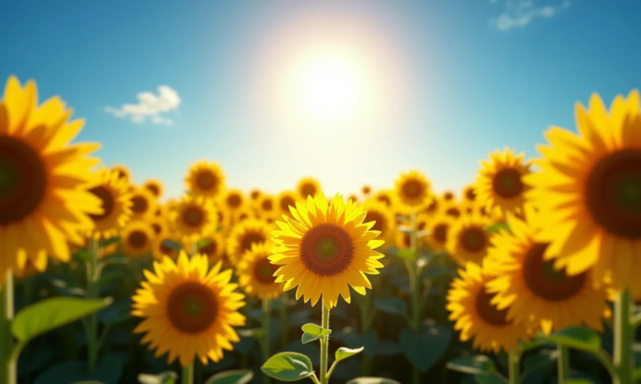 Campo de girassóis sob o sol, representando alegria e vitalidade.