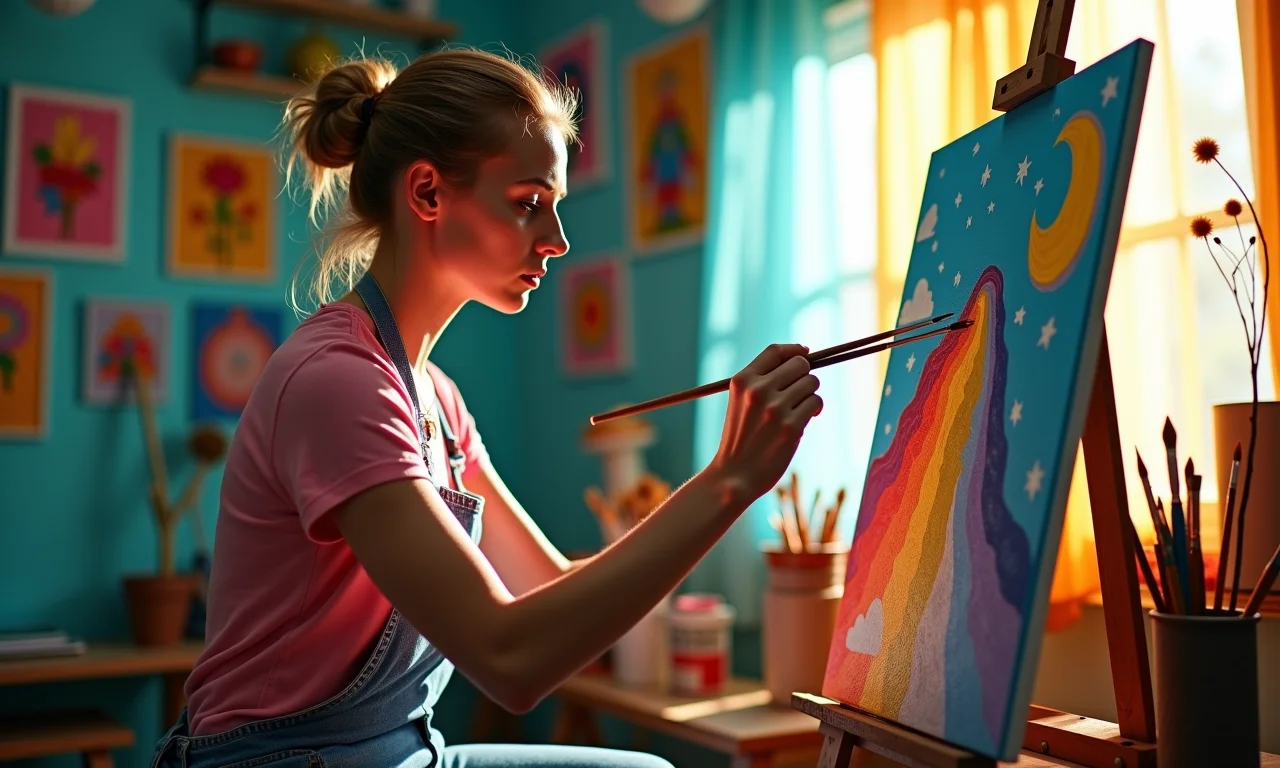 Canceriana artista pintando em estúdio colorido no Brasil.