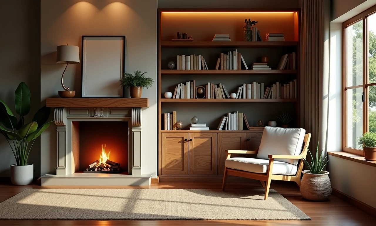 Cantinho de leitura aconchegante perto da lareira.
