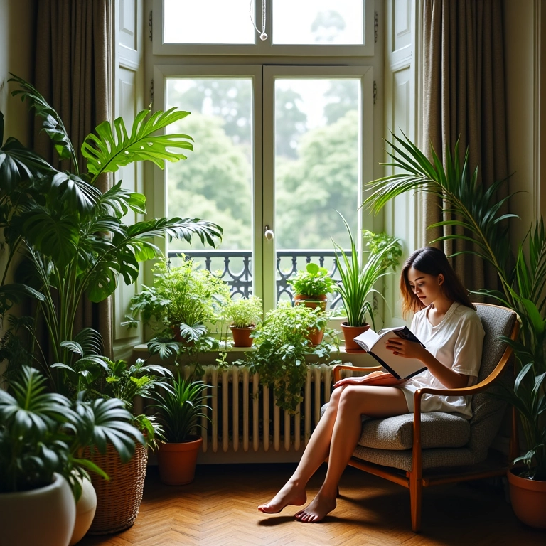 Cantinho de relaxamento com plantas e cadeira confortável em uma varanda.