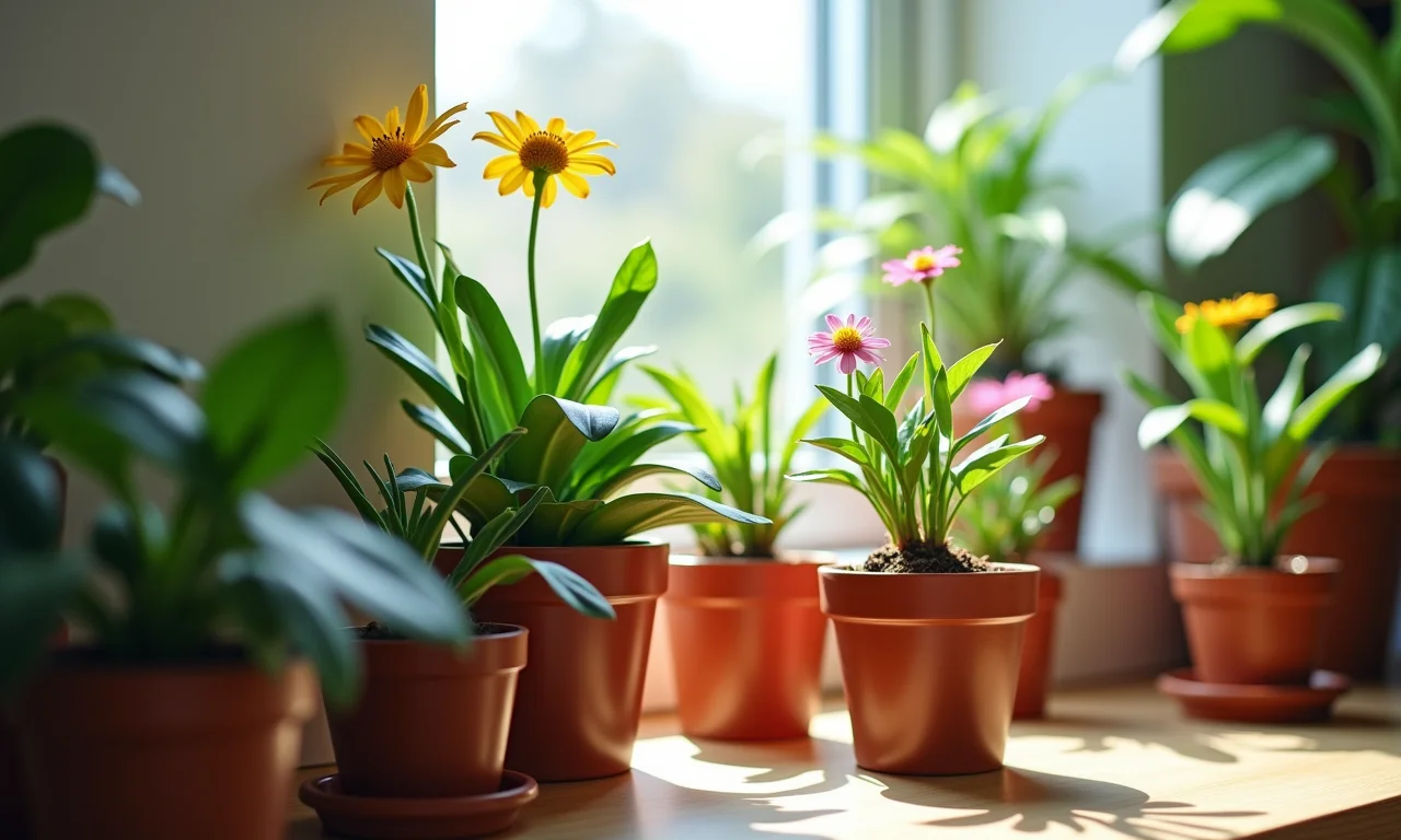 Cantinho verde com plantas e flores em um home office.
