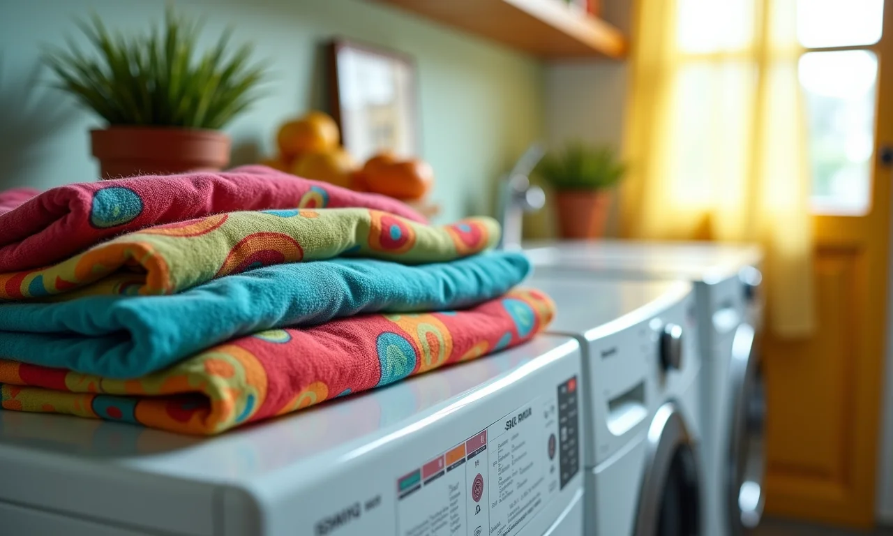 Capa de máquina de lavar em tecido impermeável com estampa colorida.