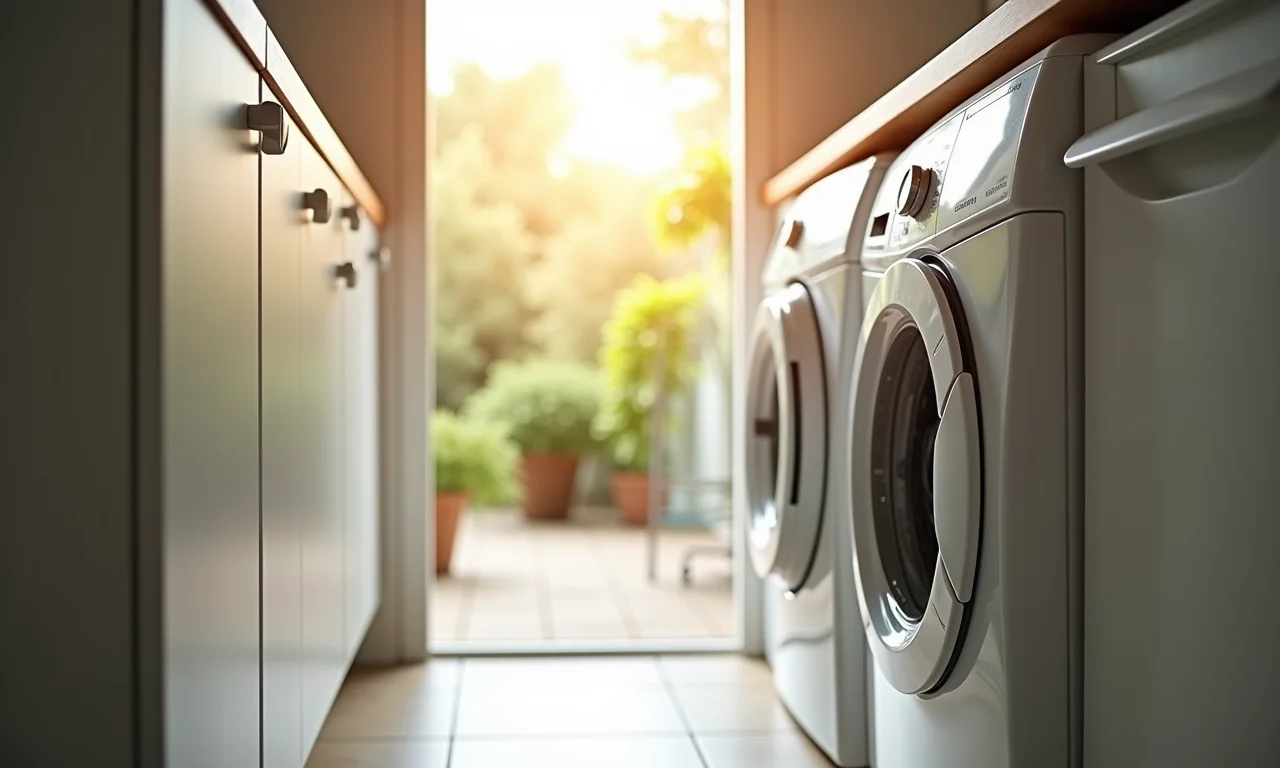 Capa de máquina de lavar protegendo contra sol e chuva.