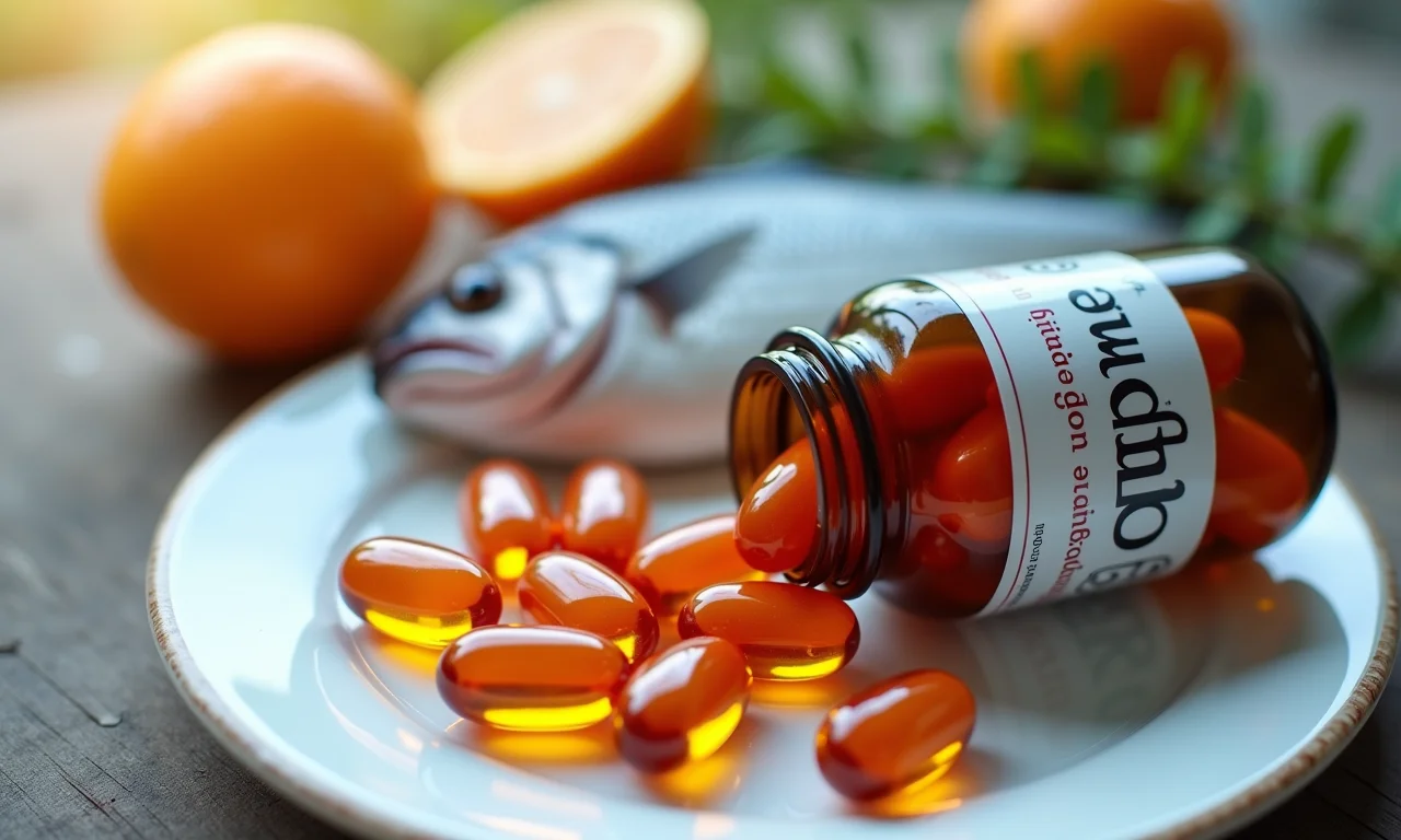 Cápsulas de ômega 3 e peixe saudável, mostrando os benefícios do ômega 3 para a saúde cardiovascular.