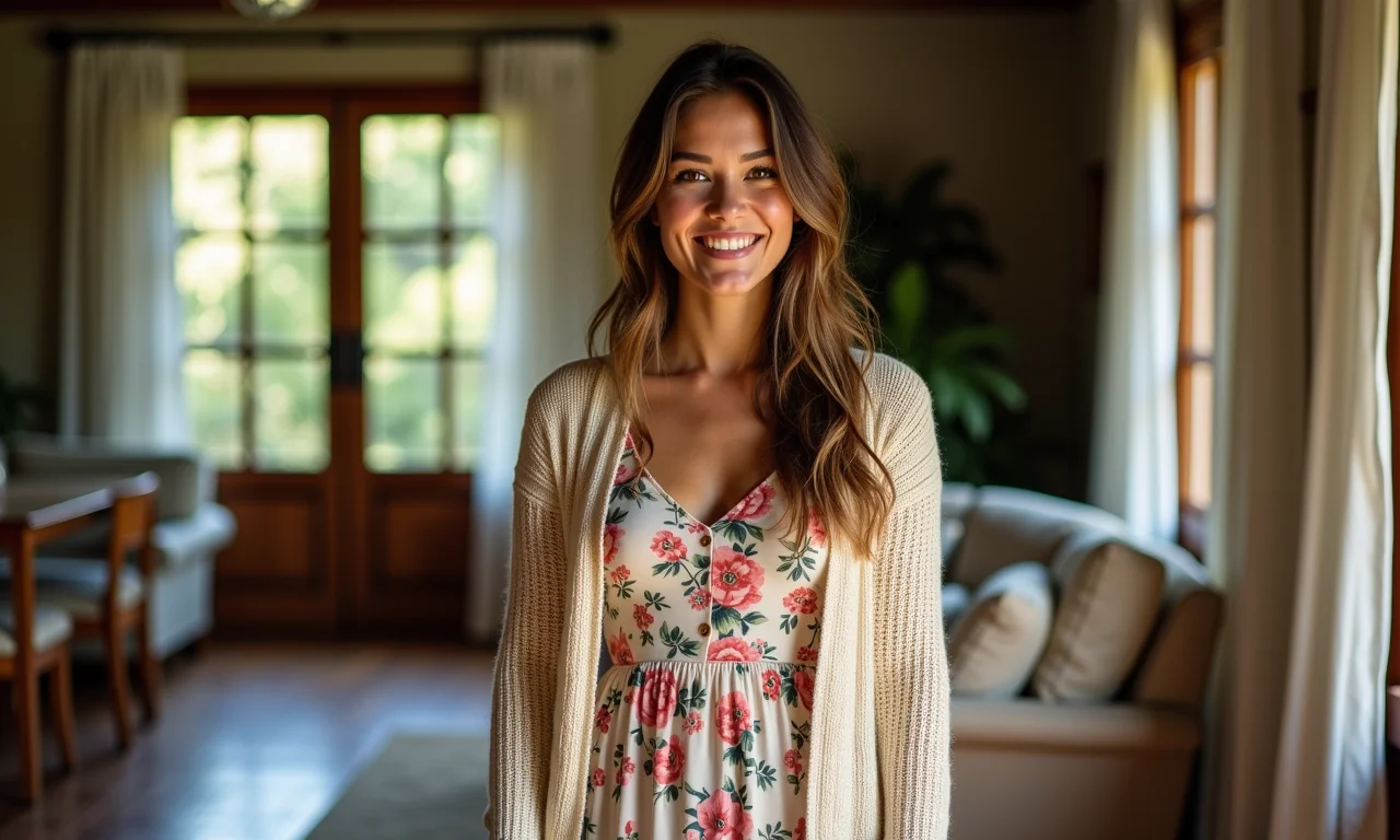 Cardigã de tricô sobre vestido floral em lar brasileiro aconchegante.