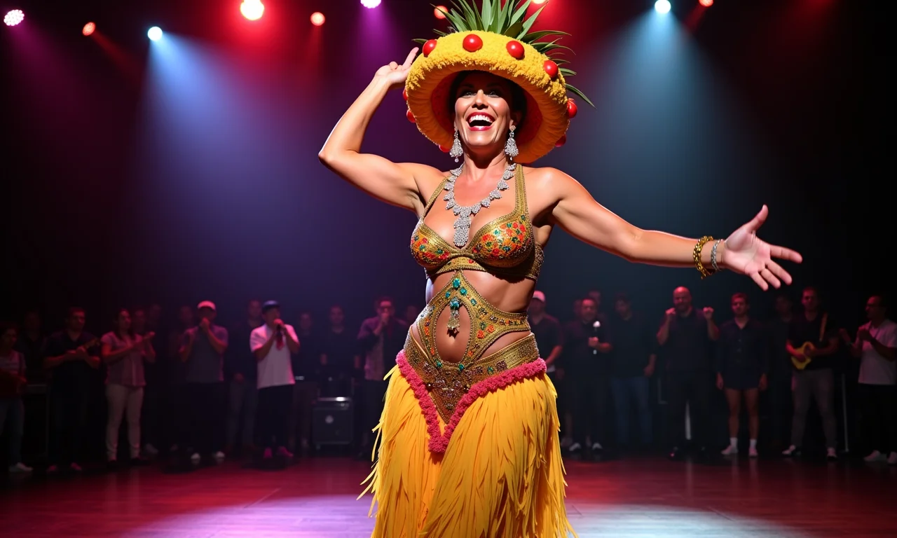 Carmem Miranda no palco com sua roupa tropical icônica e chapéu de frutas.