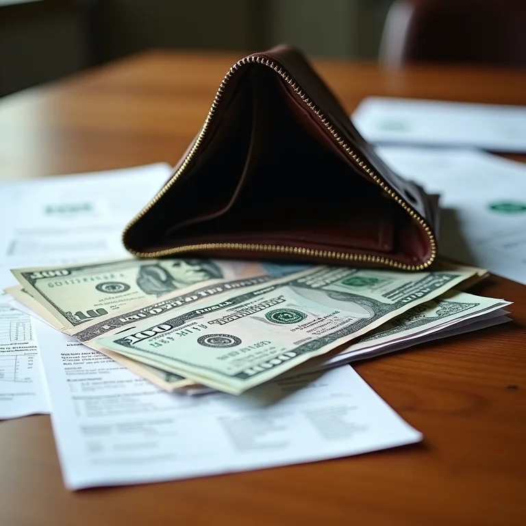 Carteira vazia e documentos espalhados