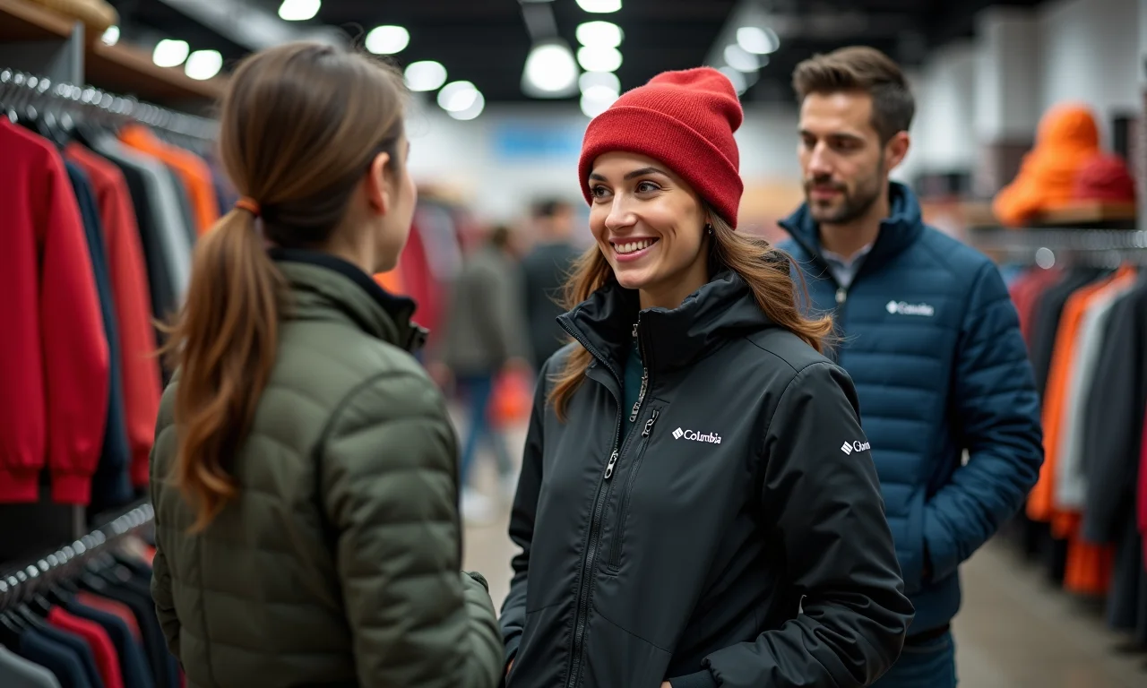 Casaco térmico da Columbia à venda em loja com cliente.