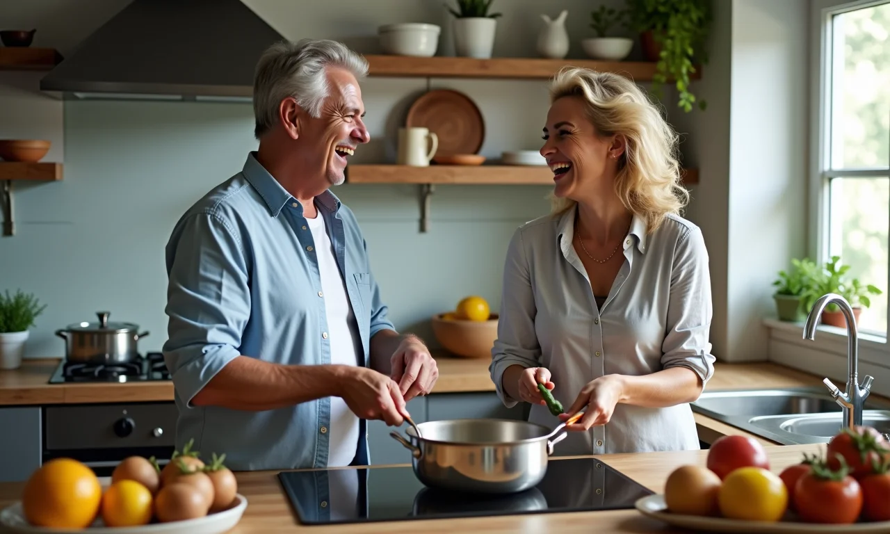 Casal apaixonado cozinhando junto em uma cozinha brasileira vibrante e moderna.