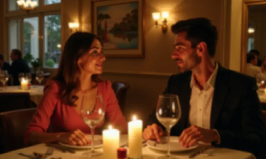 Dia dos Namorados: Looks Românticos e Sedutores para um Jantar Inesquecível (Surpreenda Seu Amor!) Casal apaixonado em jantar romântico à luz de velas no Dia dos Namorados.