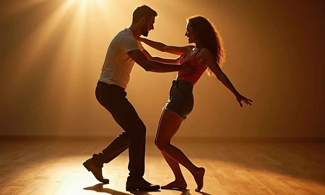 Casal celebrando a superação de um passo difícil de dança.