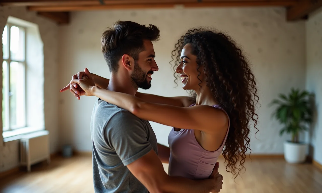 Casal concentrado aprendendo passos de dança.