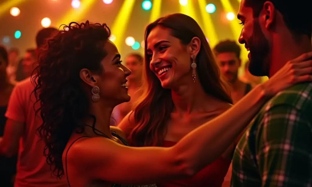 Casal dançando salsa em festa brasileira vibrante.