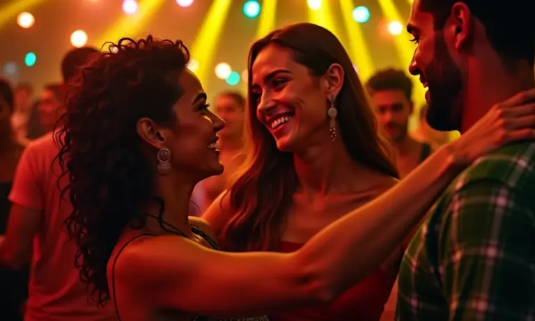 Casal dançando salsa em festa brasileira vibrante.