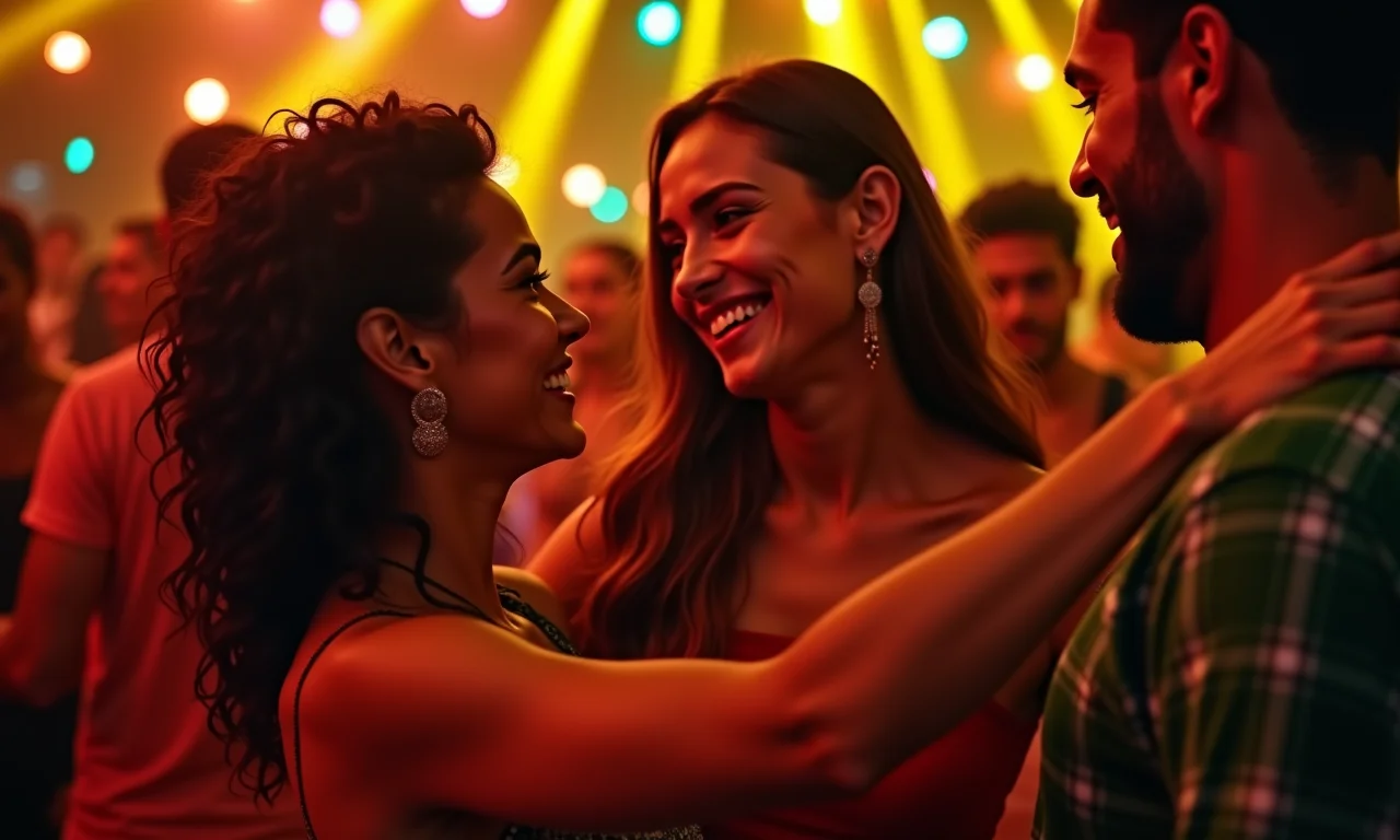 Casal dançando salsa em festa brasileira vibrante.
