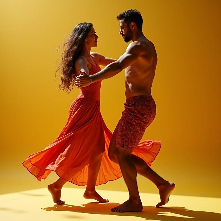 Casal dançando samba com energia, mostrando o condicionamento físico.