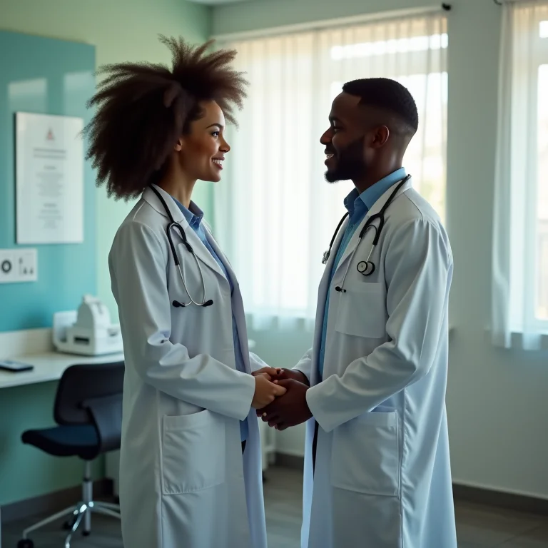Casal de mãos dadas em consultório médico, representando tratamentos de fertilidade