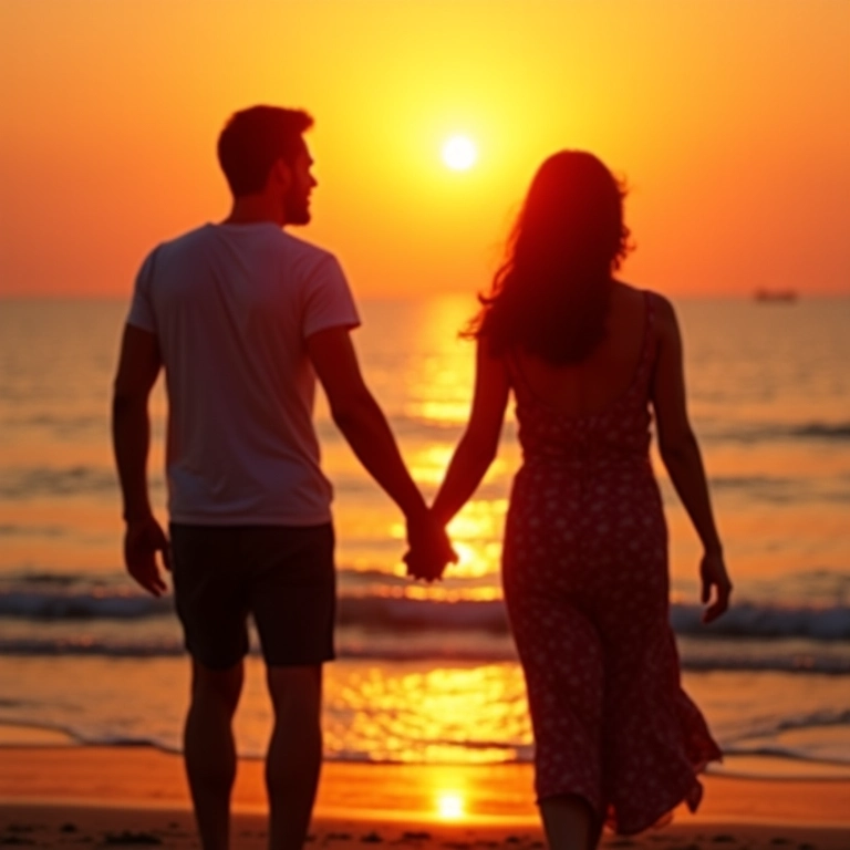 Casal de mãos dadas na praia ao pôr do sol, representando amor e conexão.