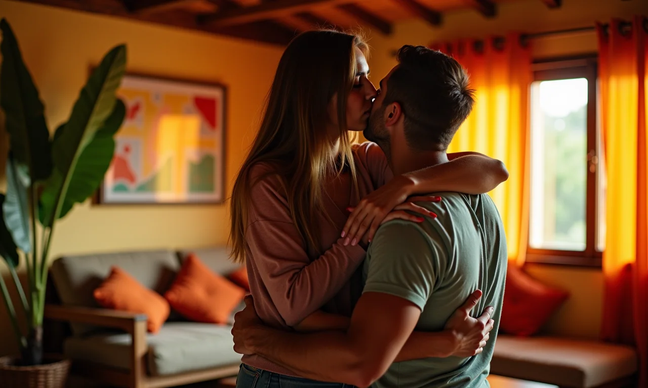 Casal de Touro apaixonado em sala aconchegante no Brasil.