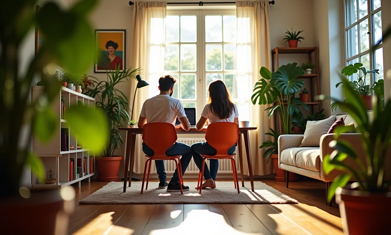 Casal escolhendo local ideal para home office em apartamento ensolarado.