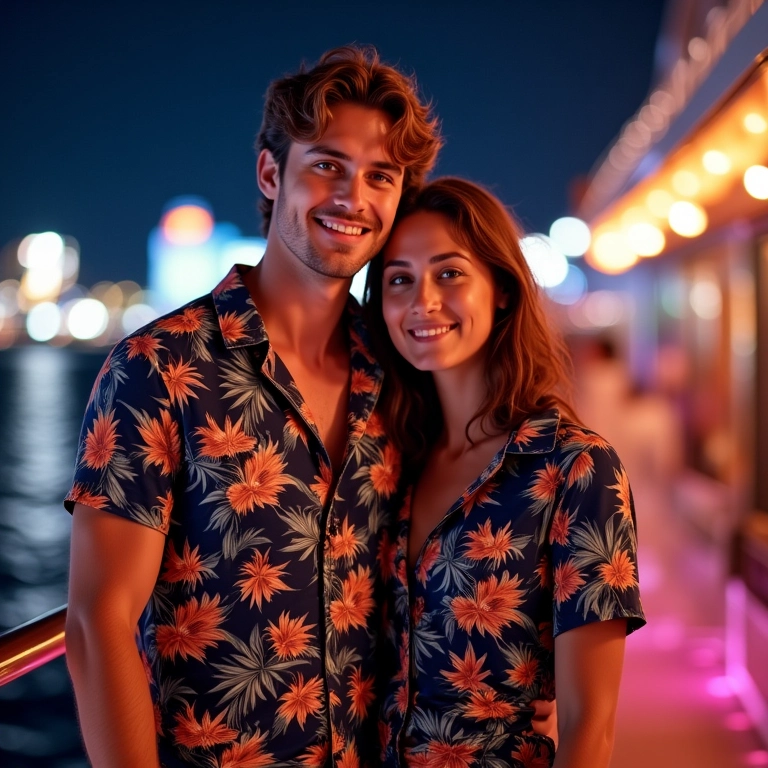 Casal fantasiado em festa temática de cruzeiro.