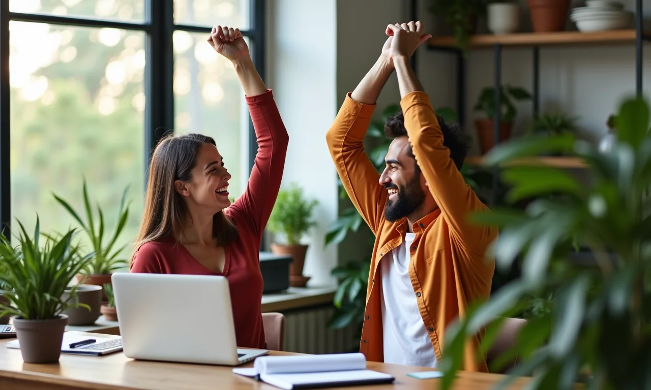 Casal fazendo pausa no home office, rindo e relaxando.