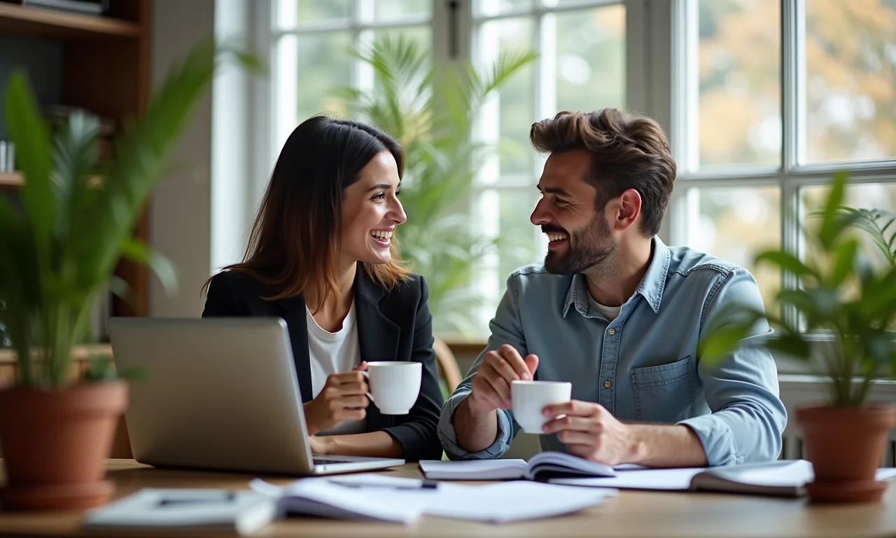 Casal fazendo pausas estratégicas para café no home office.