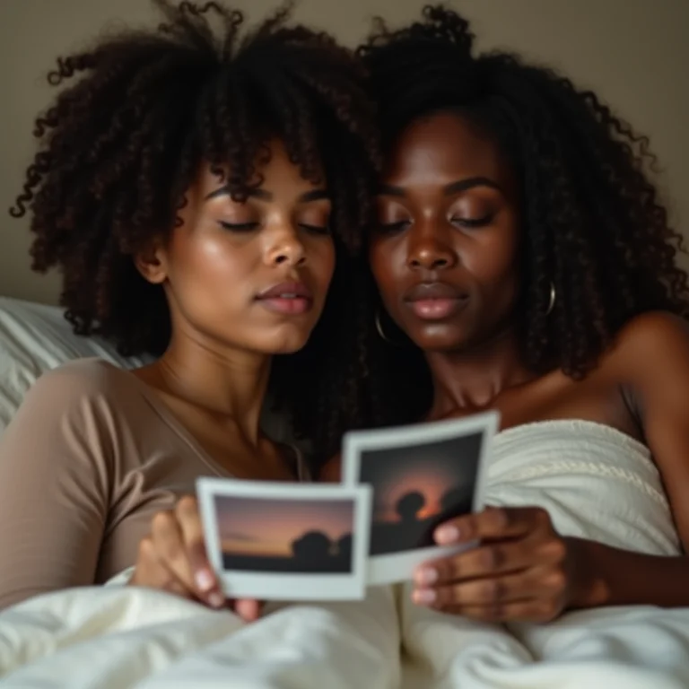 Casal revisitando memórias antigas através de fotos polaroid.