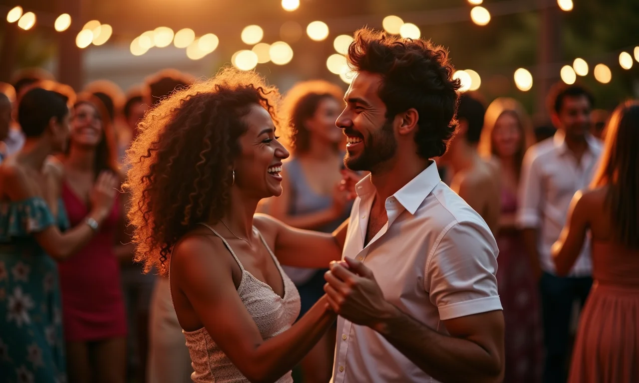 Casal se divertindo dançando em uma festa.