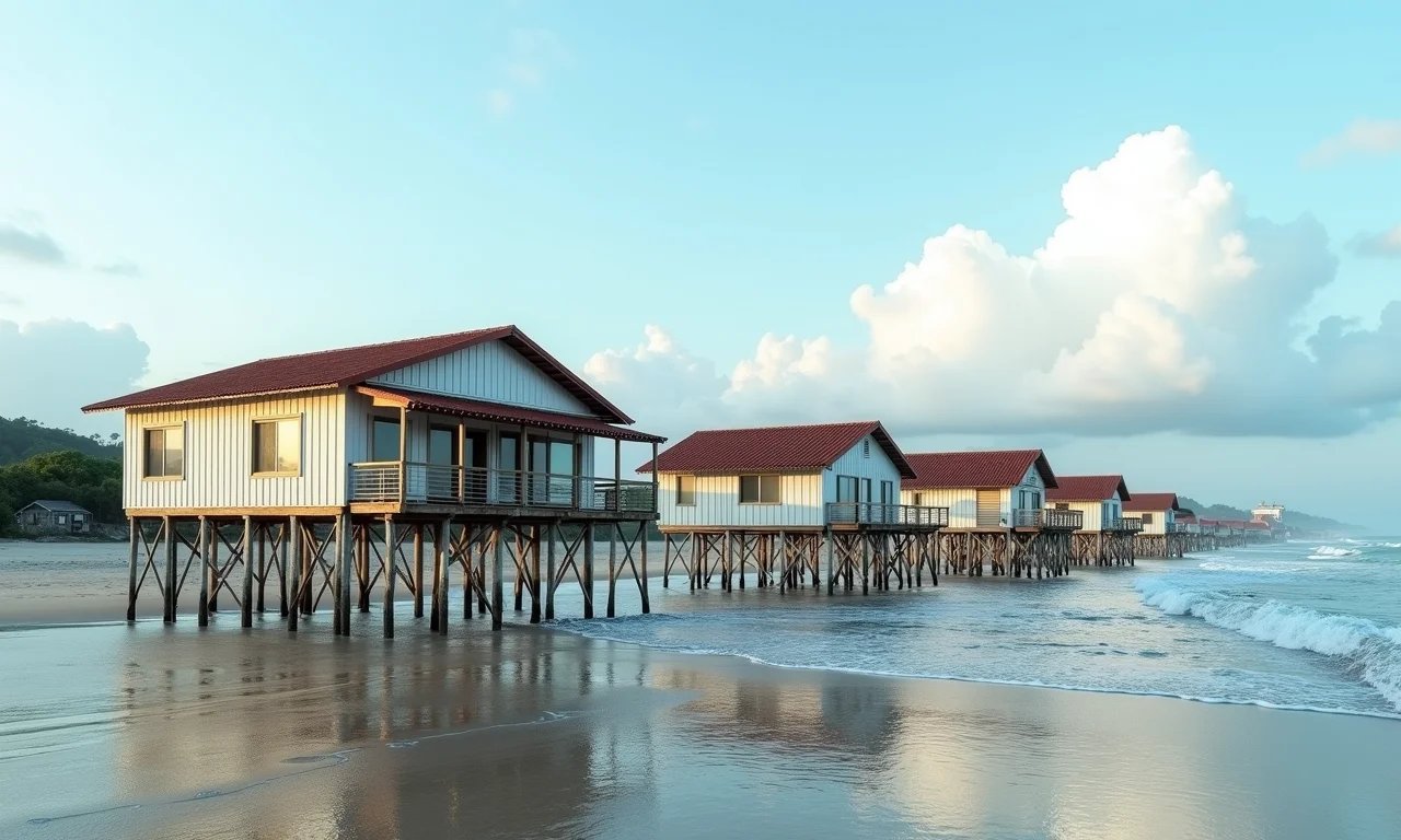 Casas elevadas sobre palafitas, adaptadas ao aumento do nível do mar.