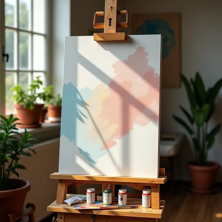 Cavalete de estúdio com pintura abstrata em andamento.