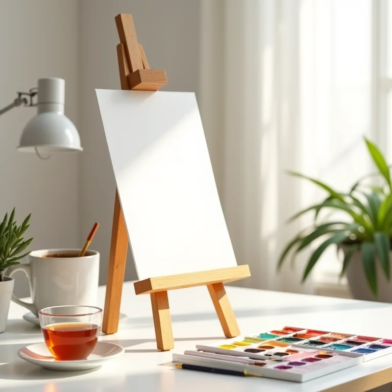 Cavalete de mesa em setup minimalista com aquarela.