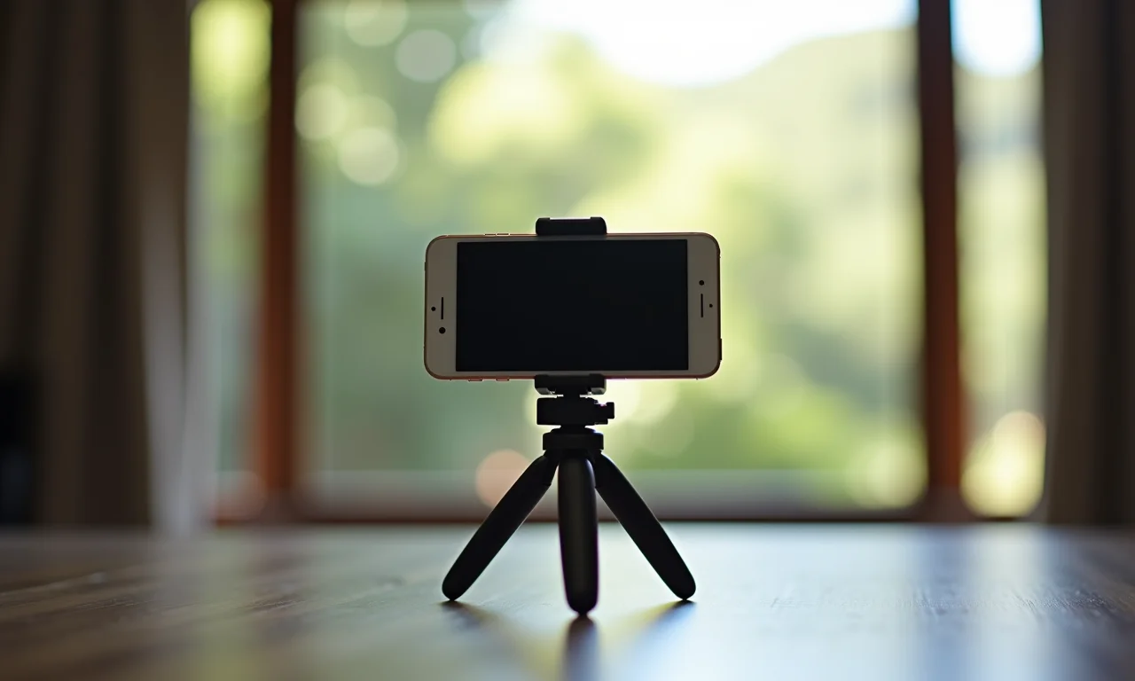 Celular posicionado em um tripé próximo a uma janela iluminada.