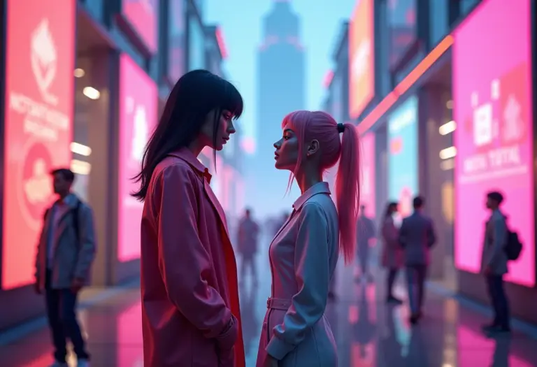 Cena do metaverso com avatares exibindo roupas digitais.