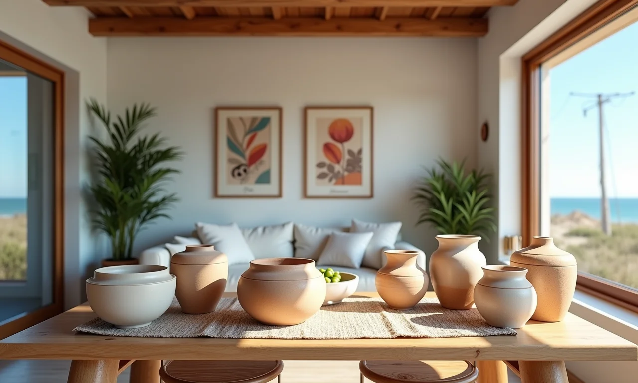 Cerâmica artesanal e obras de arte local expostas em uma casa de praia