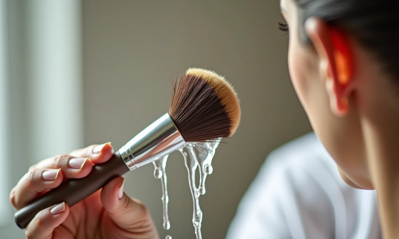 Cerdas caindo de um pincel de maquiagem durante a lavagem.