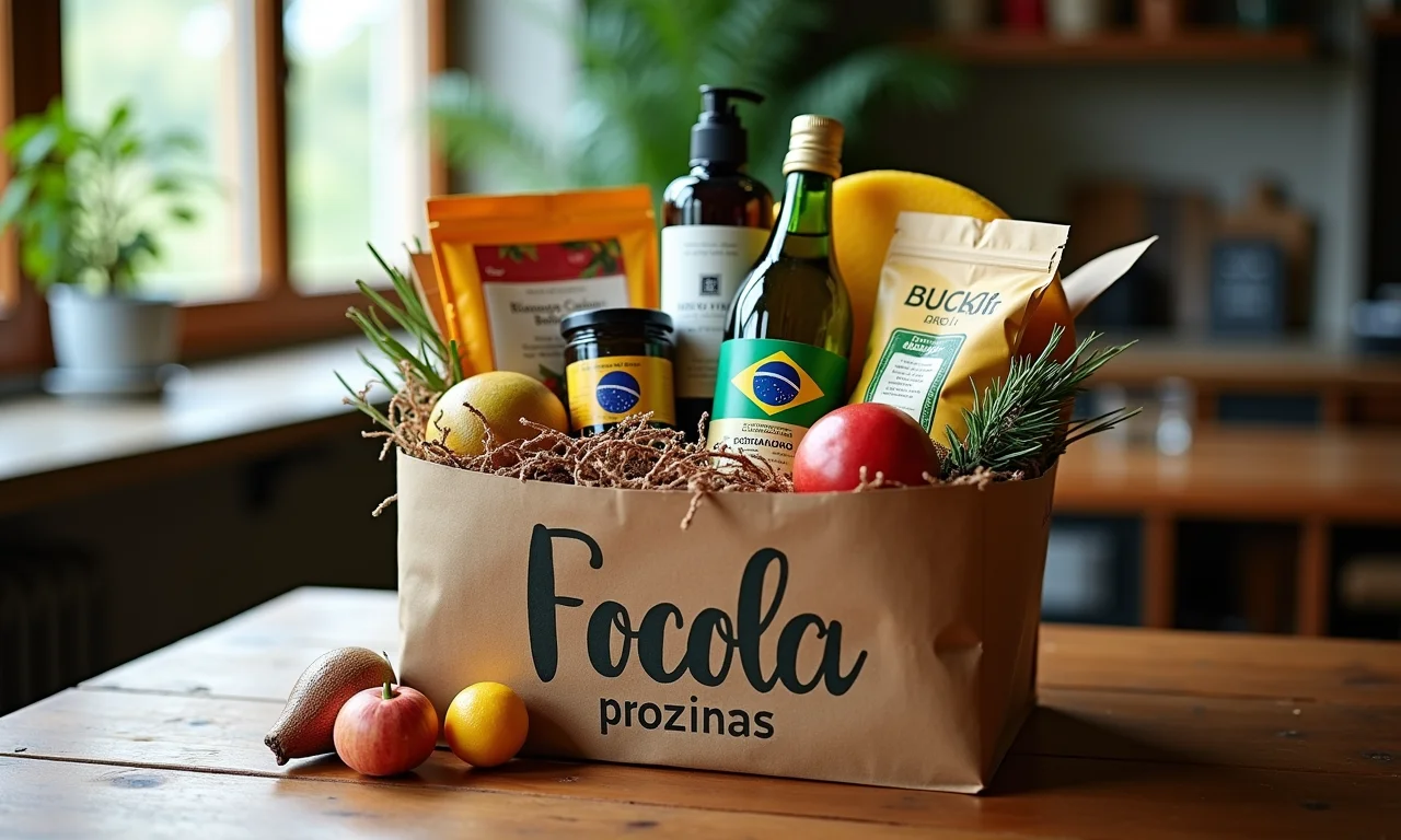 Cesta de presentes personalizada com produtos brasileiros e embalagem festiva.