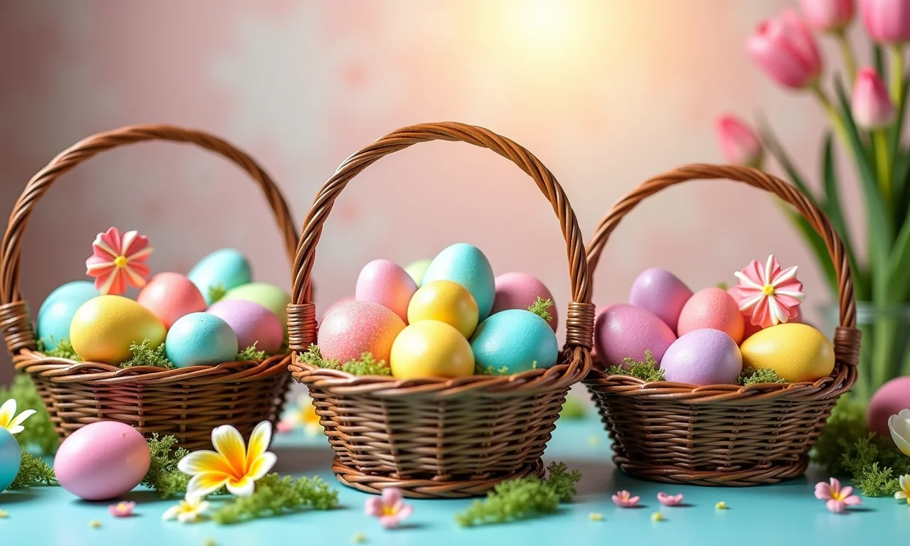 Cestas de Páscoa personalizadas com doces e presentes.
