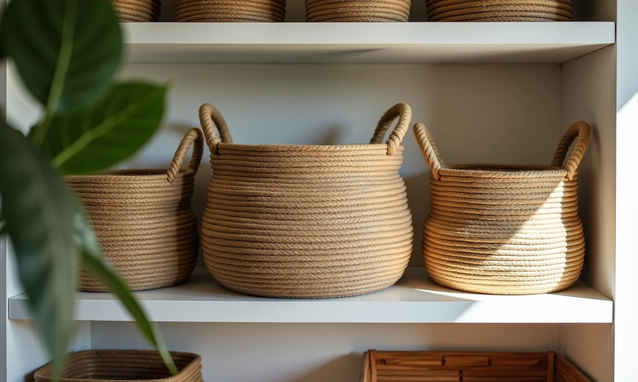 Cestas e organizadores revestidos com corda de sisal em um escritório.