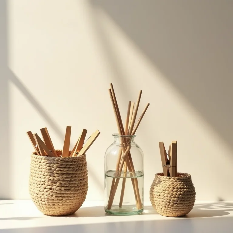 Cestas e vasos decorados com prendedores de roupa.