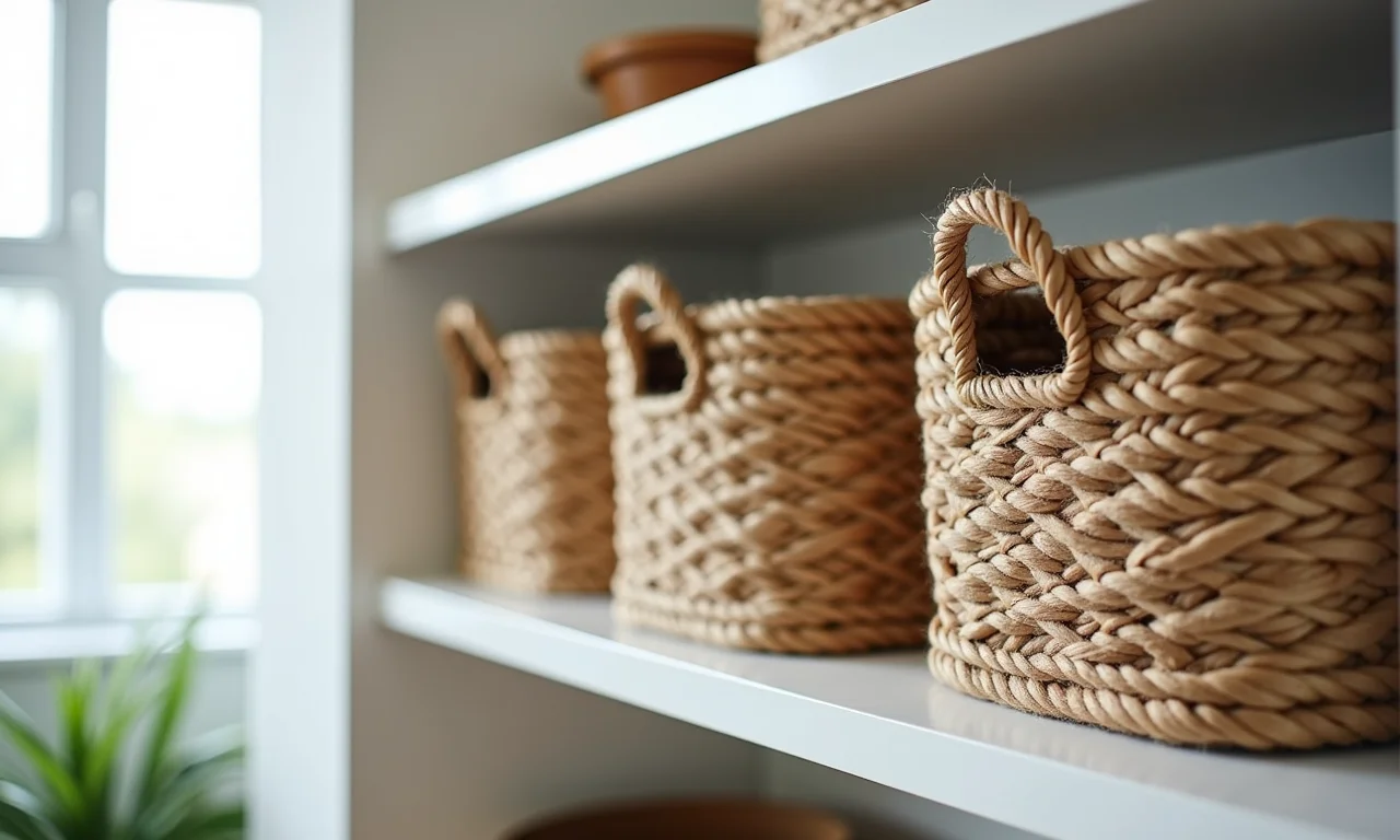 Cestas organizadoras de barbante em estante.