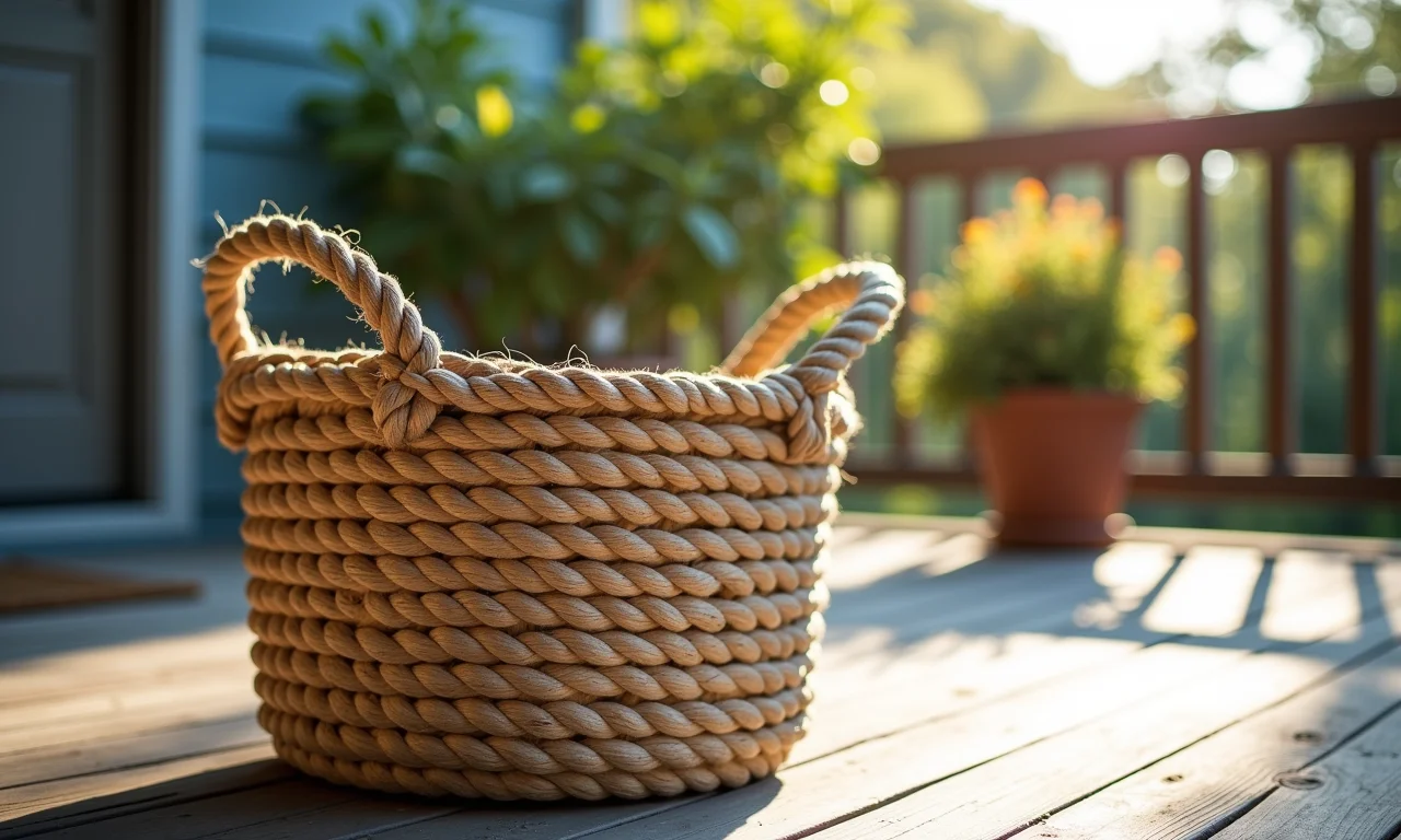 Cesto de crochê feito com fio náutico exposto ao sol.