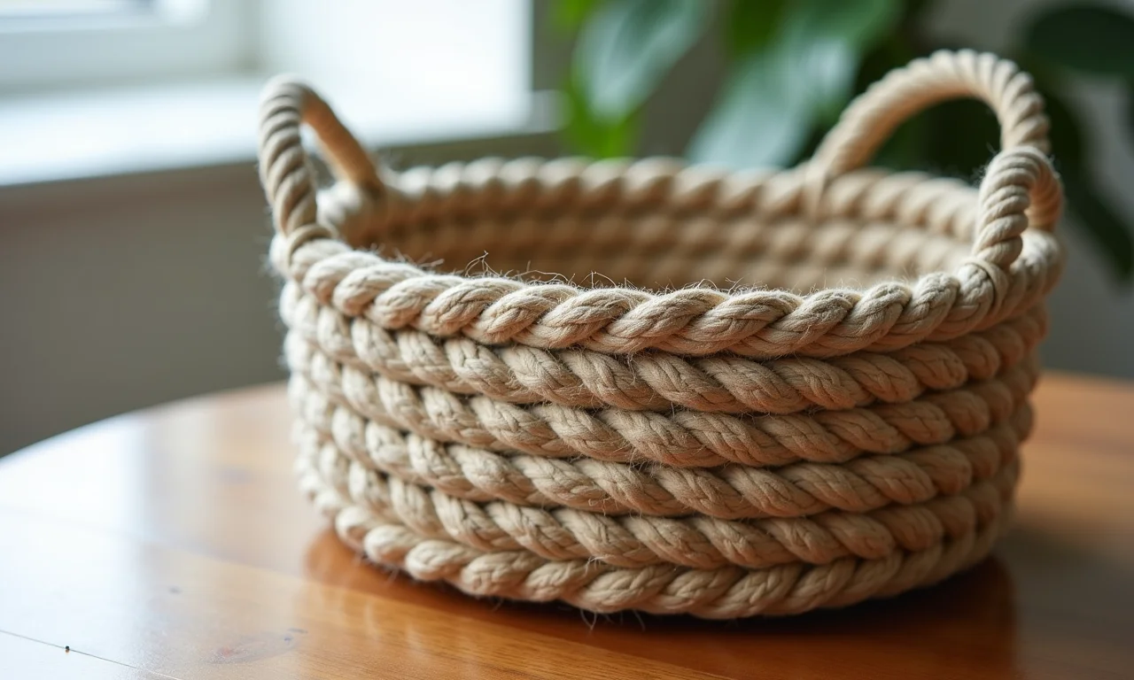 Cesto organizador de crochê feito com fio náutico e pontos simples.